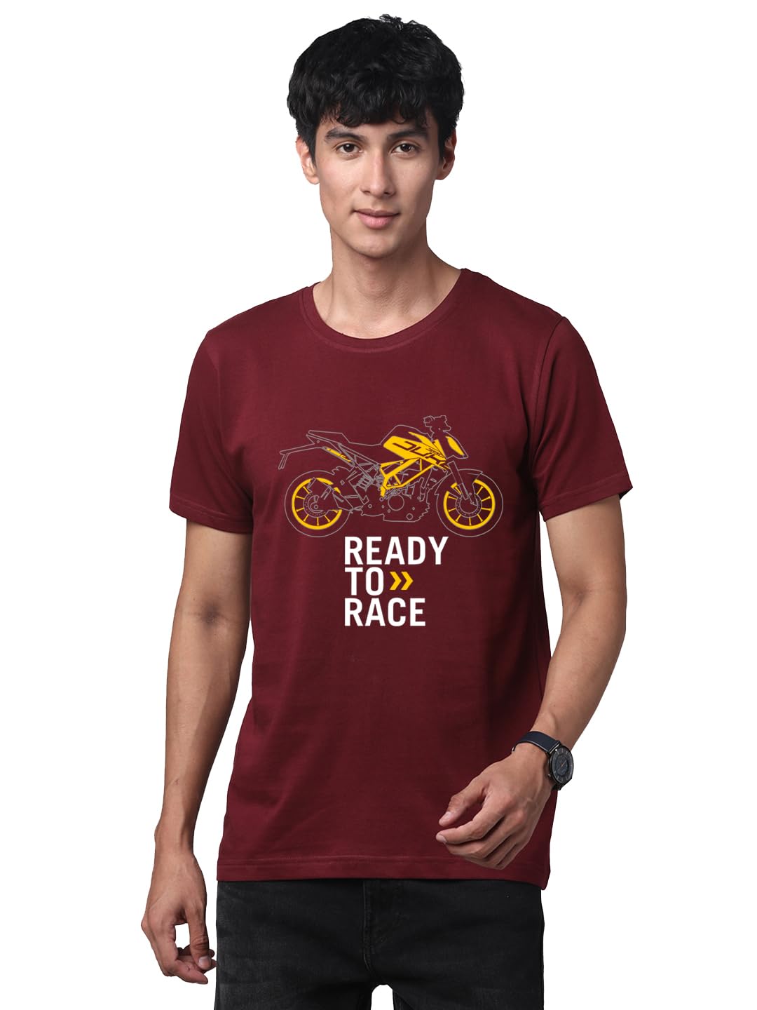 ADRO Men's Biker Design Printed 100% Cotton T-Shirt - Regular Fit, Printed T-Shirts for Men (RN24-KTM-MR_Maroon)