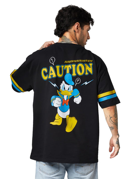 The Souled Store Official Donald Duck: Caution Black Color Oversized T Shirts for Men Baggy Off-Shoulder Loose Fit Relaxed Drop
