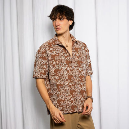 Campus Sutra Mens Mocha Brown Floral-Lined Oversized Shirt for Casual Wear | Spread Collar | Short Sleeve | Button Closure | Ov