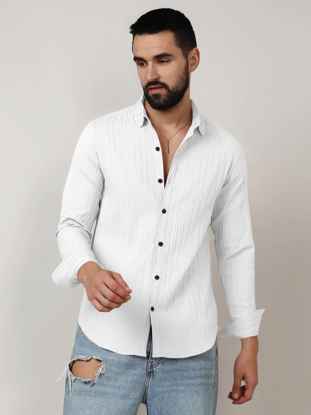 Finivo Fashion MenS Casual Cotton Plain Button Down Shirts Long Sleeve Textured Summer Beach Shirt For Men White