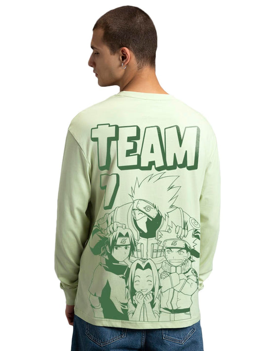 Bewakoof Official Naruto Merchandise MenS Graphic Print Oversized Fit Full Sleeve Round Neck Pure Cotton T-Shirt_677856_Green_Xl