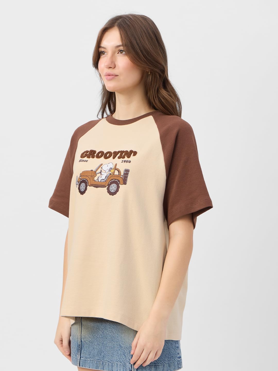 The Souled Store Peanuts: Groovin Women and Girls Short Sleeve Round Cotton Oversized T-Shirts Brown