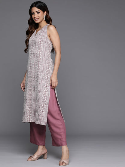 Varanga Women Mauve Woven Design Sleeveless Kurta, Paired With Solid Bottom.