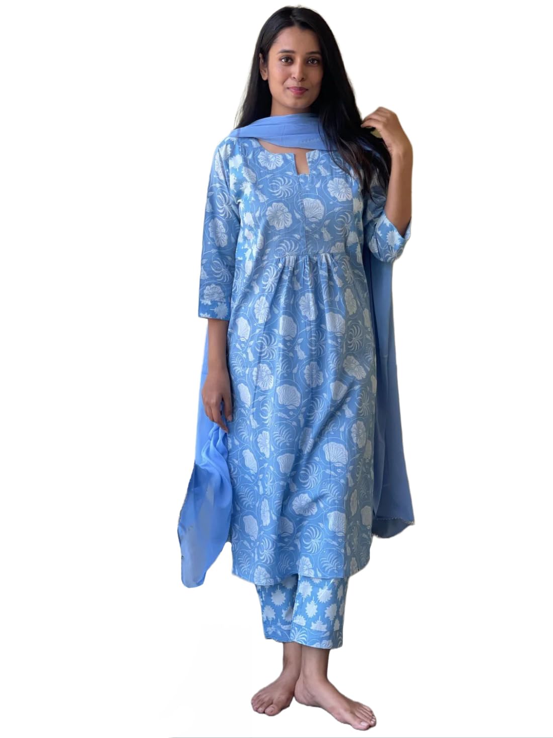 Gosriki WomenS Cotton Blend Straight Printed Kurta With Pant & Dupatta (Paridhi Blue-Gs_Xl_Blue_X-Large)