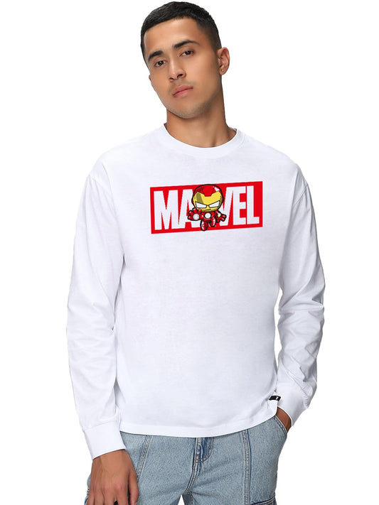 Bewakoof Official Marvel Merchandise Mens Graphic Printed Oversized Fit Full Sleeve Round Neck Cotton Jersey T-Shirt 636692 Whi