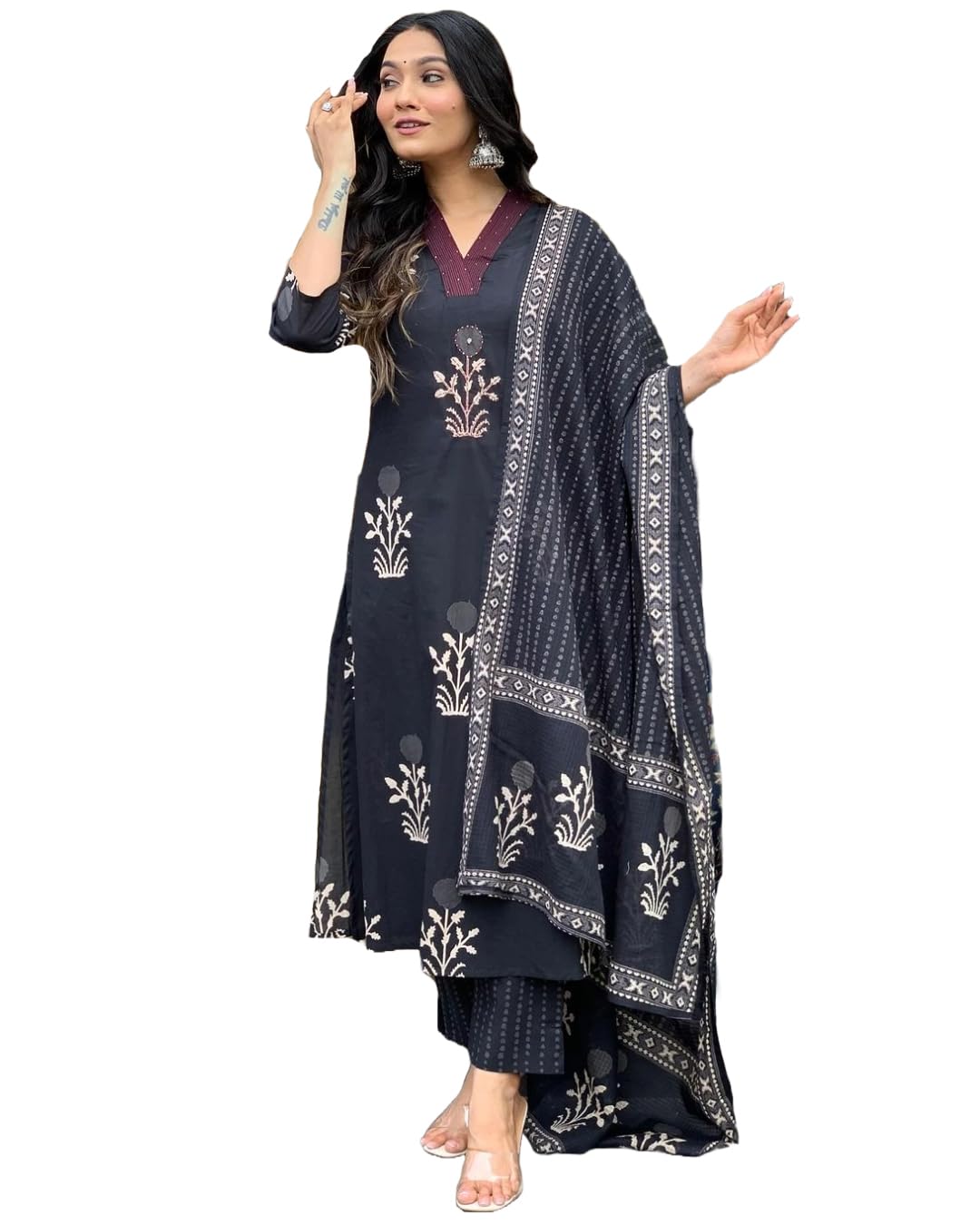 GoSriKi Womens Cotton Blend Straight Printed Kurta with Pant & Dupatta (Uchiha Mustard-GS_XXL_Mustard_XX-Large)