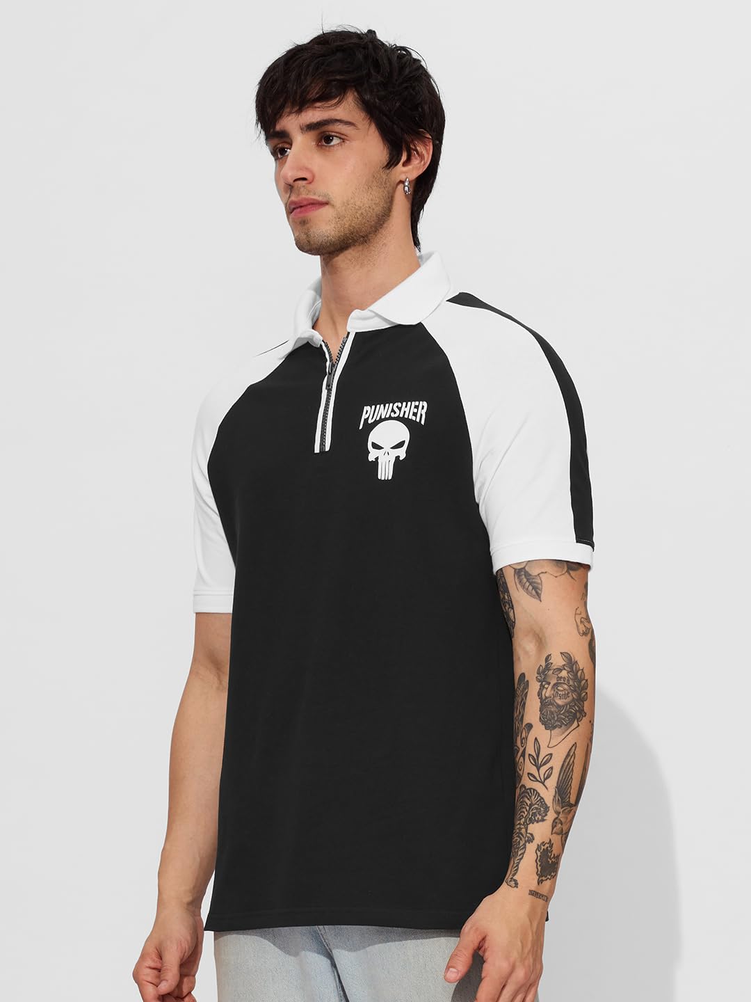 The Souled Store Official Punisher: Skull Men and Boys Short Sleeves Collared Neck Black and White Printed Cotton Blend Regular