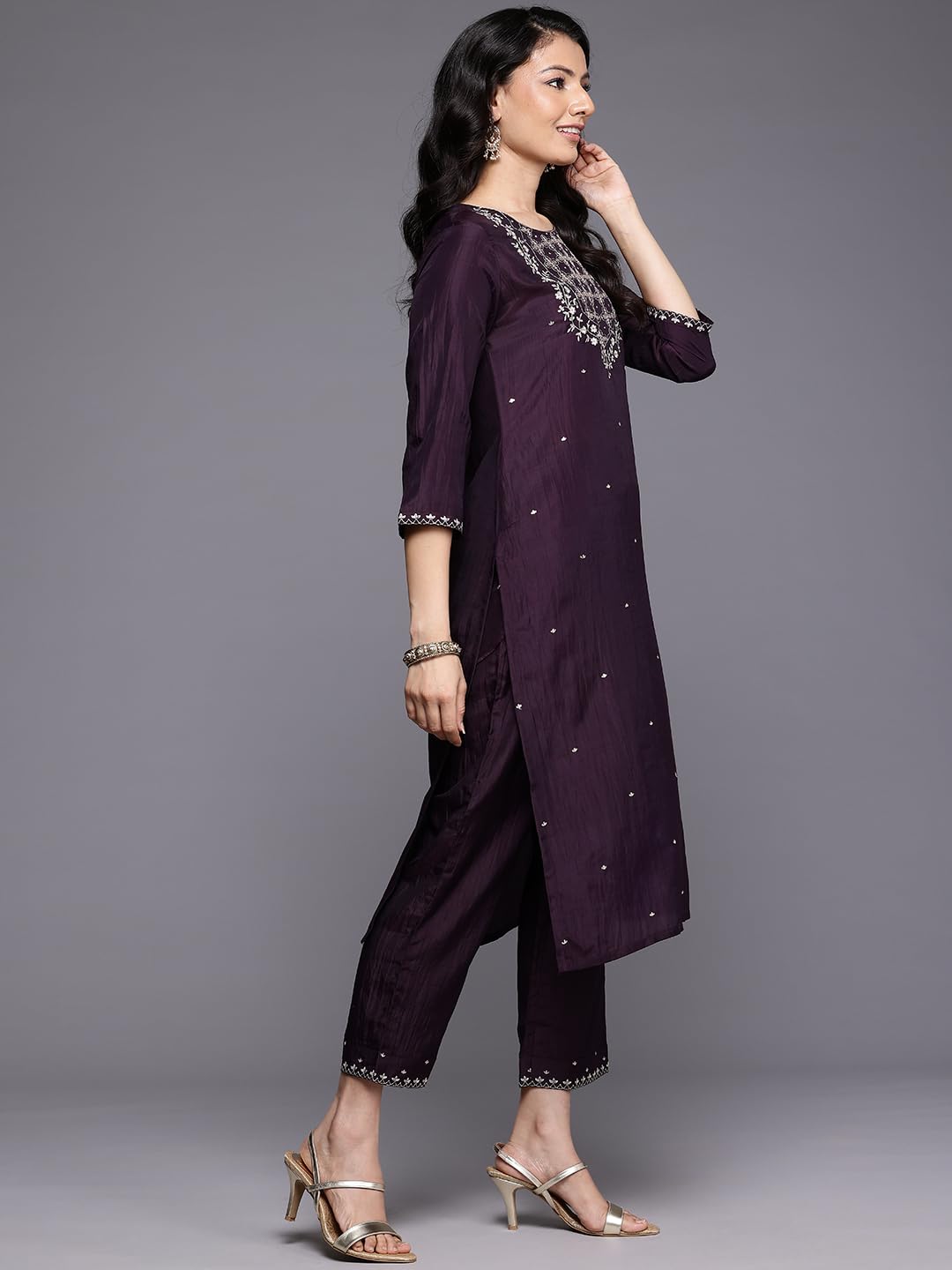 Varanga Women Purple Thread Embroidered Sequins Embellished Straight Kurta Paired With Bottom And Dupatta