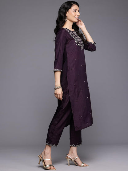 Varanga Women Purple Thread Embroidered Sequins Embellished Straight Kurta Paired With Bottom And Dupatta