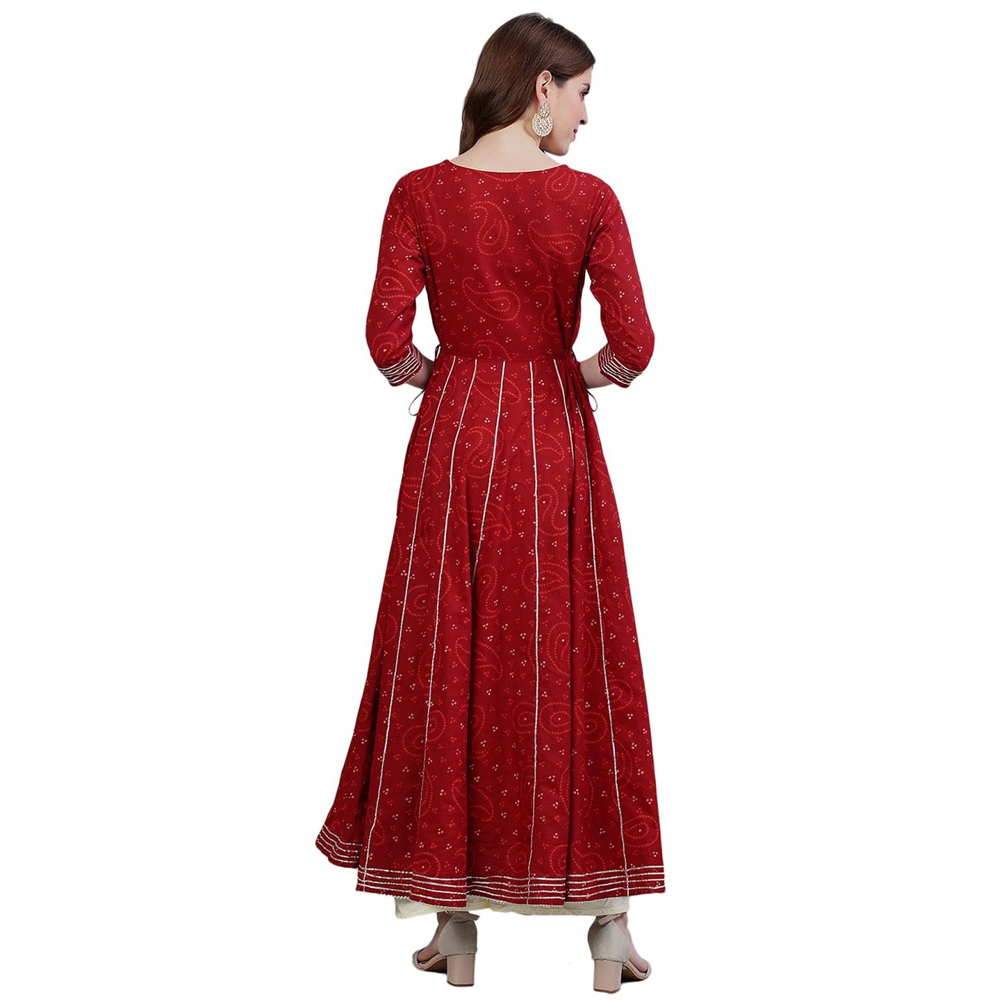 ishin Women's Cotton Anarkali Embellished Mirror Work Bandhani Print Maroon Kurti
