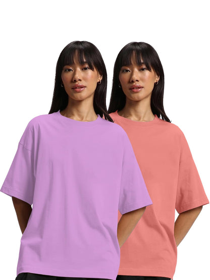 JUNEBERRY Pure Cotton Drop Shoulder Oversized Baggy Fit Half Sleeve Plain Solid Round Neck Multicolor T-Shirt for Women & Girls