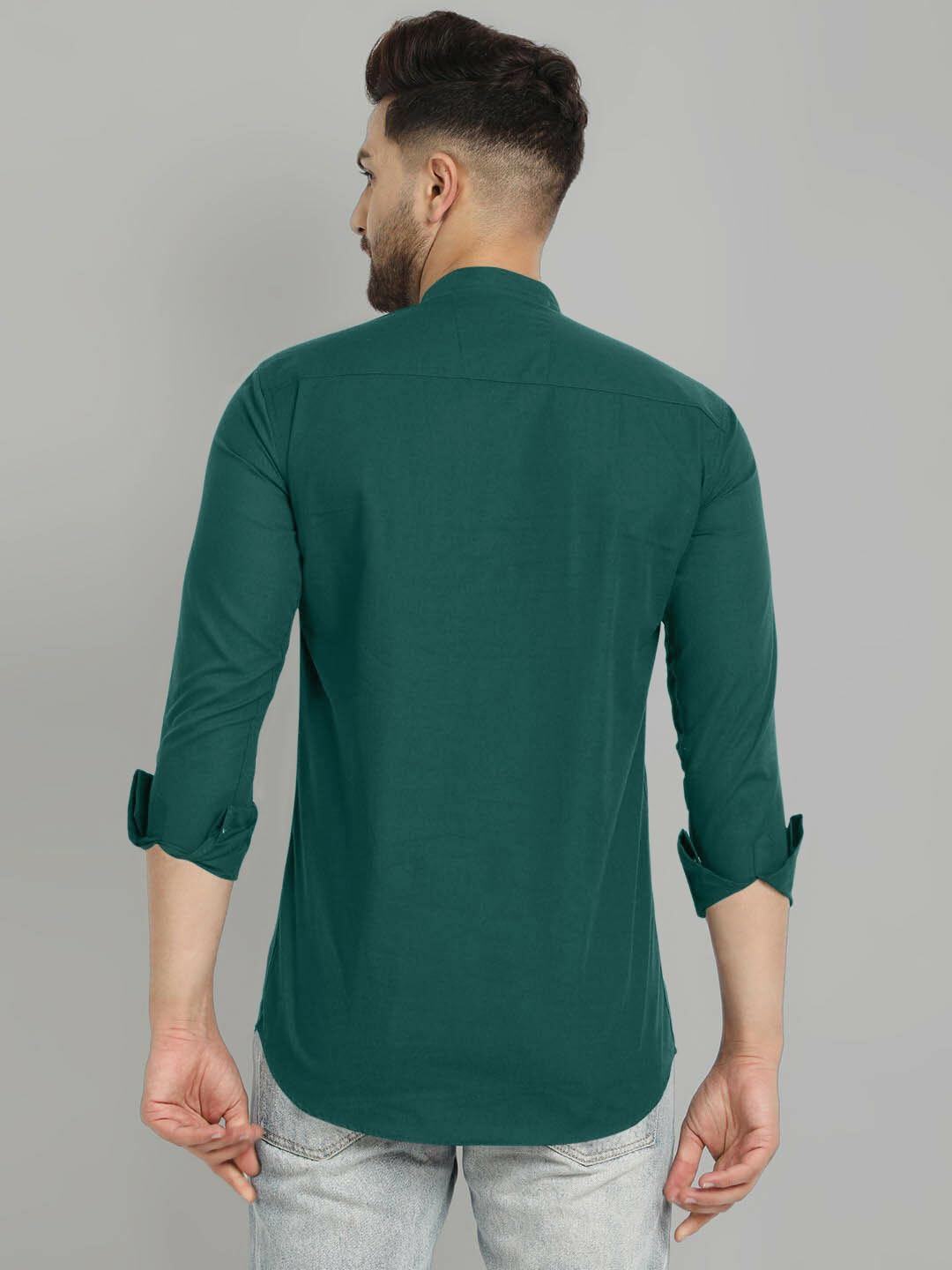 ROYALSCOUT Mens Cotton Blend Full Sleeve Short Kurta with Mandarin Collar Green