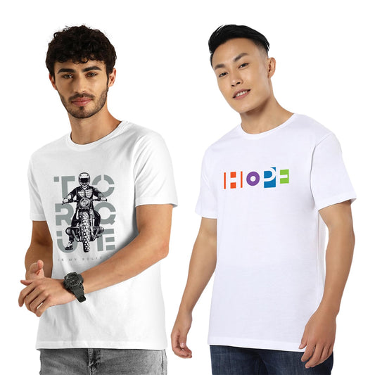 Bewakoof Mens Bike and Hope Printed 100% Cotton T-Shirts (Pack of 2) - Regular Fit, Round Neck, Half Sleeves_601372_White_XL