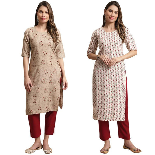 Pinkmint Kurta Set for Women ll Printed Kurti & Pant Set ll Combo Kurta Set ll (Pack of 2) Beige-White
