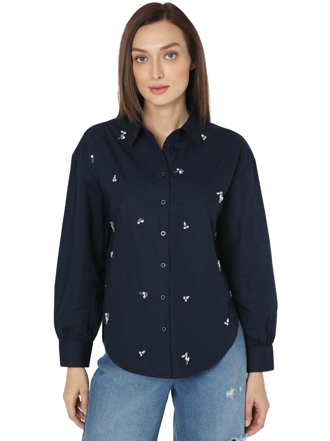 Vero Moda Women Embellished Cotton Regular Fit Navy Blue Shirt