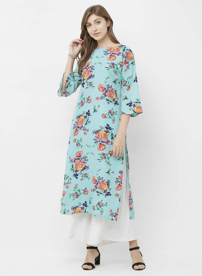 GoSriKi Women's Crepe Straight Kurta (CHAKRI-BLACK & SAAHO-RAMA_Multicolour)