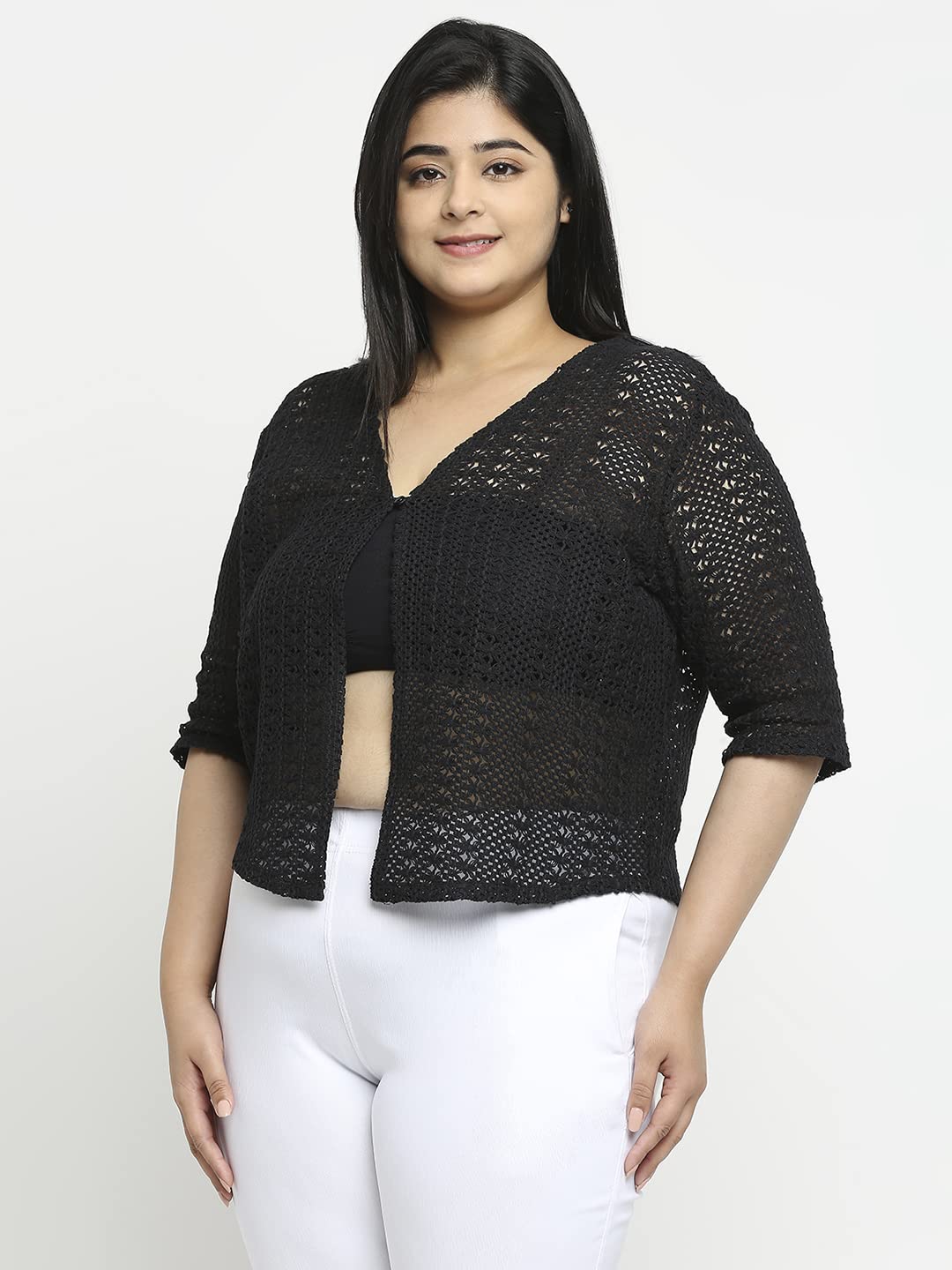 Style Quotient Women Black Self Design Lace Open Front Smart Casual Shrug