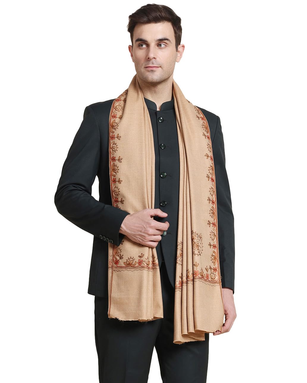 Weavers Villa Mens Acro Wool Blend Hand Embroidery Threadwork Shawl - Handloom Paisley - Stoles for Men - Gents Shawls - Soft &
