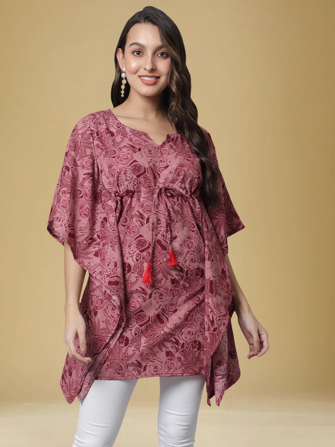 Tee Projekt Casual Crepe Kimino Sleeves Womens Kaftan Dress ll Kaftan Casual & Everyday Kurta (Pack of 2) Pink-Orange