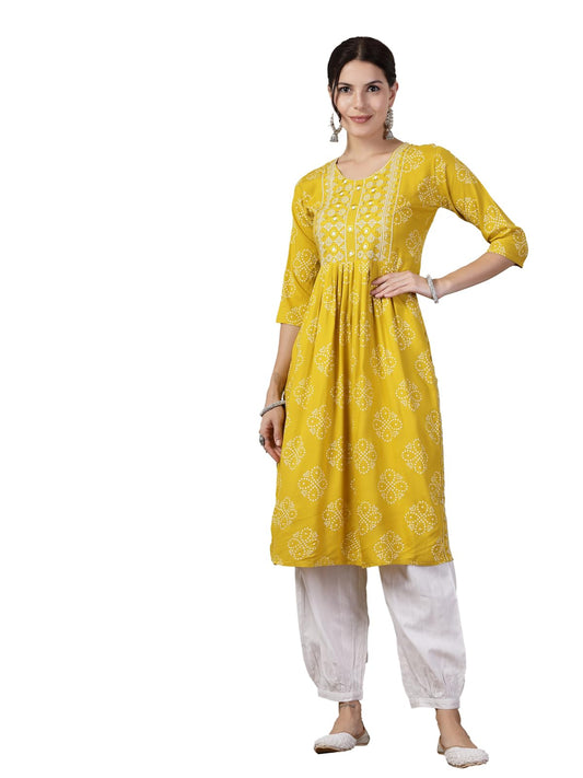 Stylum Women's Bandhani Printed & Embroidered Rayon Naira Cut Kurta (MUSTARDMARIO_Mustard)