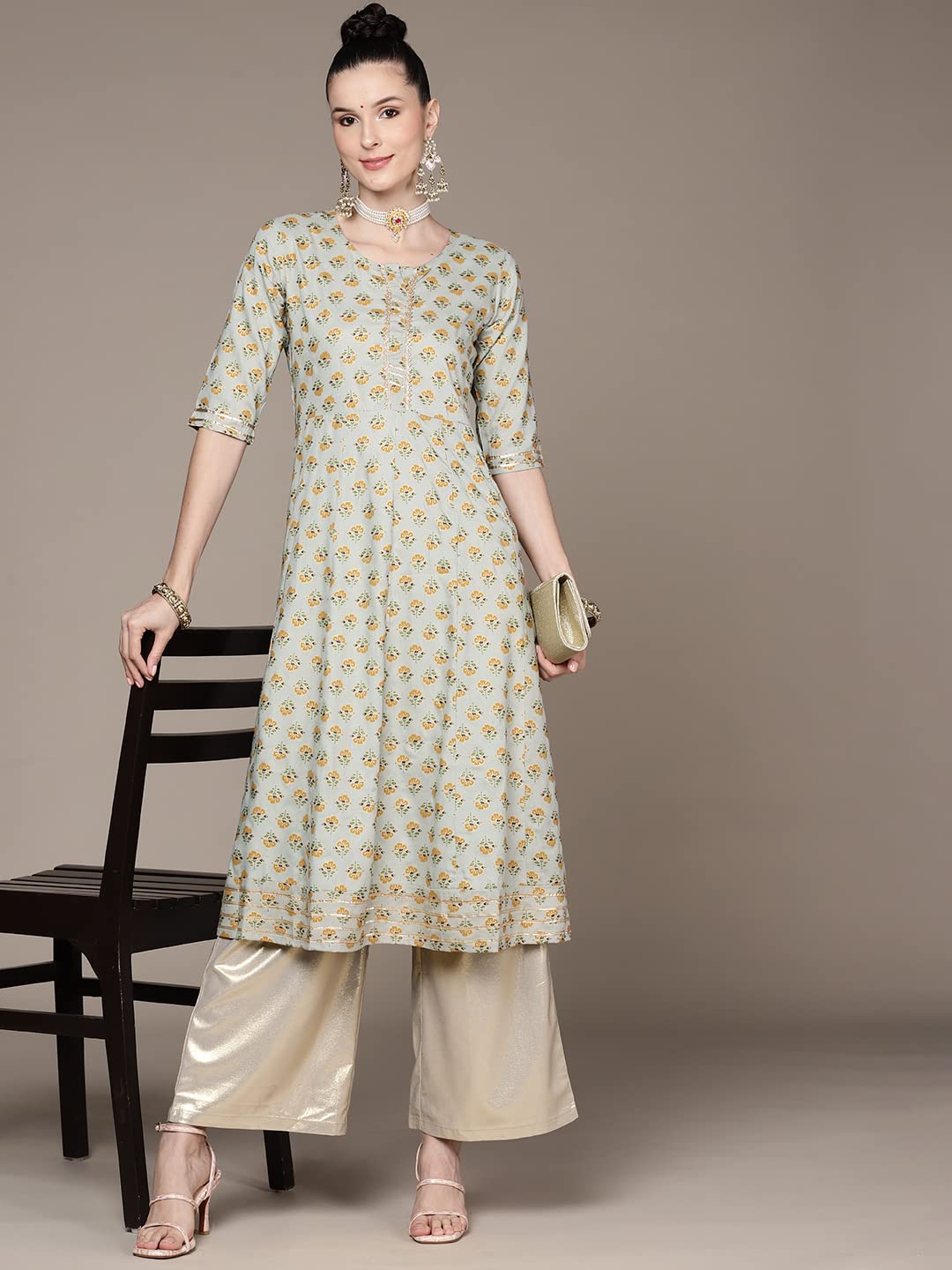anubhutee Women's Sage Green Printed Anarkali Kurta