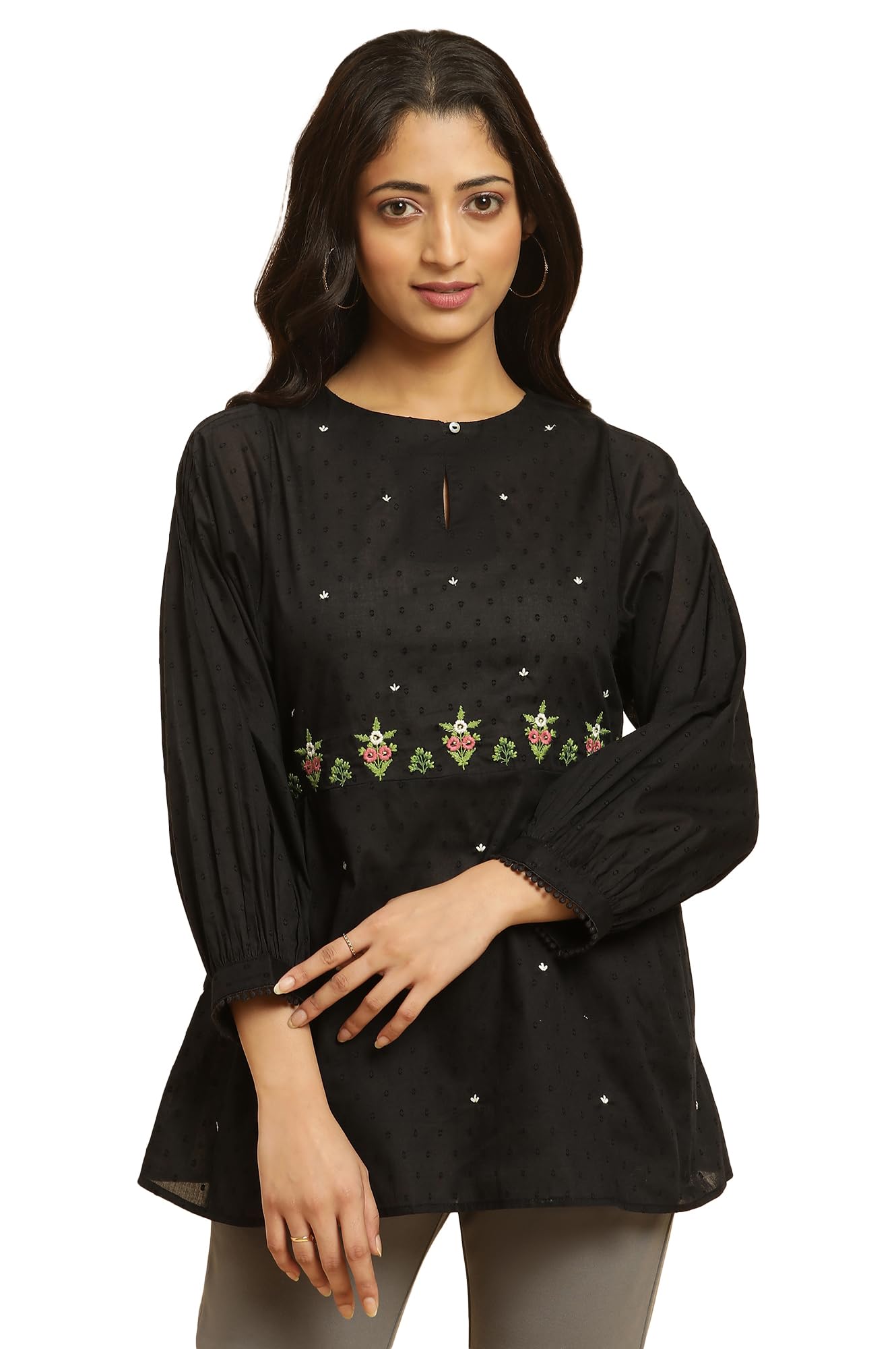 W Black Embroidered Cotton Tunic Top For Women
