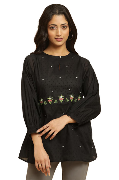 W Black Embroidered Cotton Tunic Top For Women