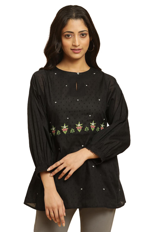 W Black Embroidered Cotton Tunic Top For Women
