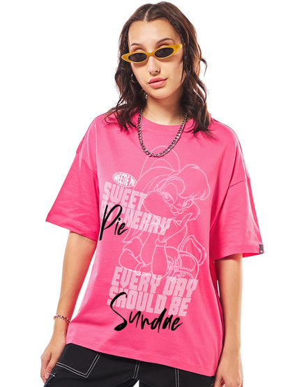 Bewakoof X Looney Tunes Lola Bunny Women Graphic Print Oversized Fit Half Sleeve Round Neck Cotton Jersey T-Shirt_661971_Pink_L
