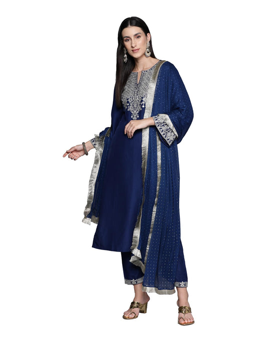 Varanga Women Blue Embroidered Straight Kurta with Tonal Bottom and Dupatta for Formal and Festive Occasions