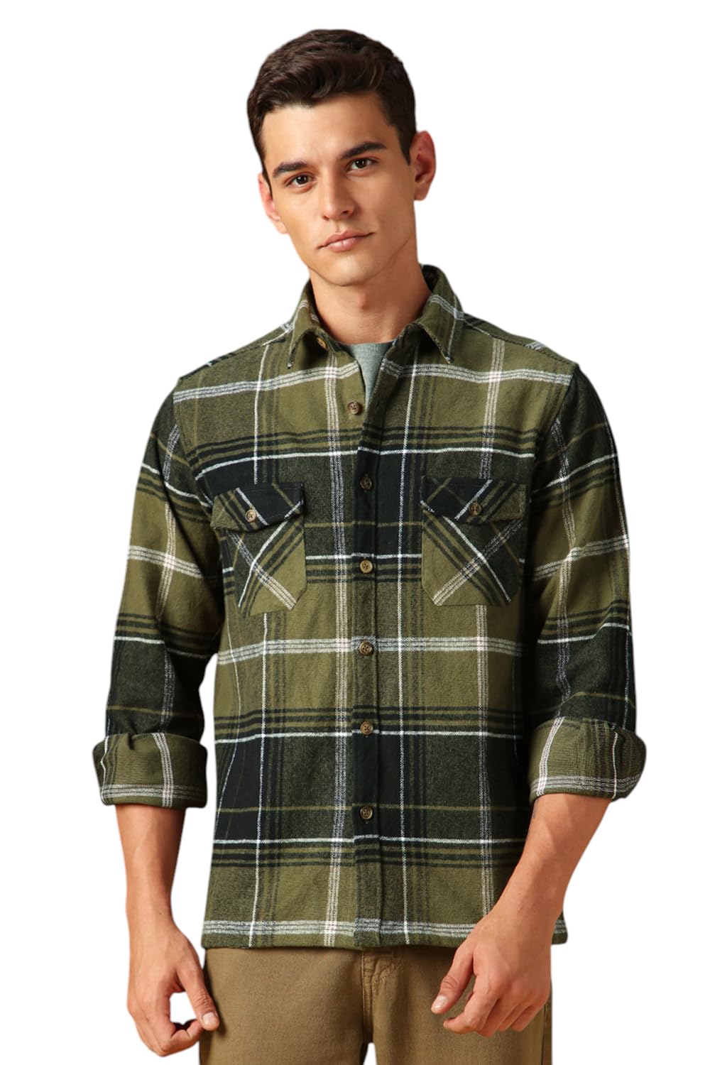 Dennis Lingo Men Flannel Check 100% Cotton Relaxed Fit Full Sleeves Shirts Olive