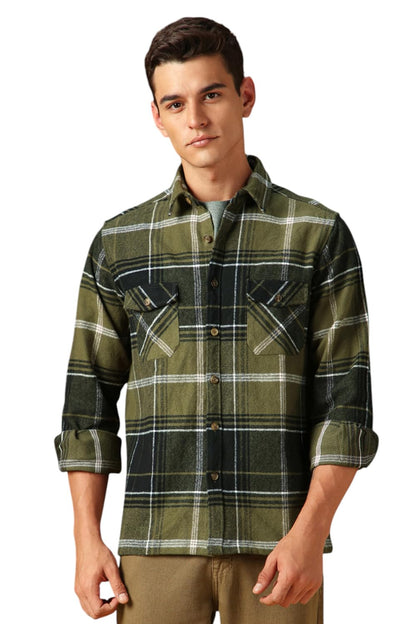 Dennis Lingo Men Flannel Check 100% Cotton Relaxed Fit Full Sleeves Shirts Olive