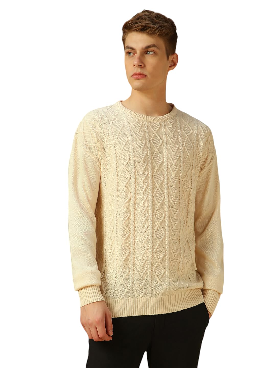 Dennis Lingo Men Cream Solid Acrylic Regular Fit Full Sleeve Sweater