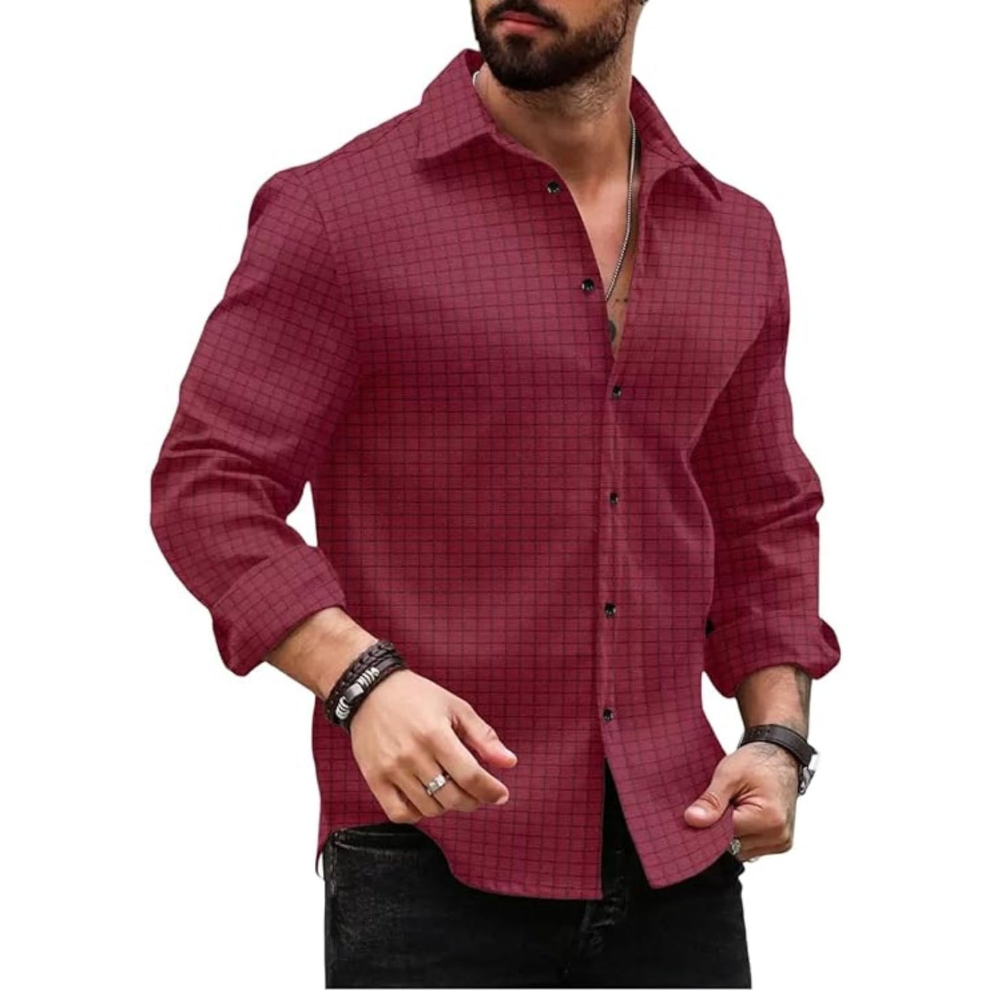 Deelmo MenS Regular Fit Checks Pattern Polyester Blend Shirt With Collared Neck Long Sleeve And Standard Length | Shirt For Man