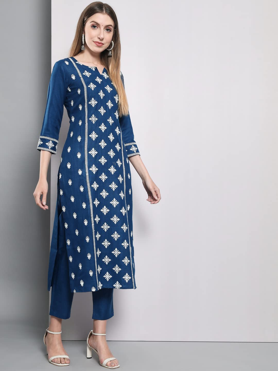 ANNI DESIGNER Women's Cotton Blend Embroidered Straight Kurta with Pants & Dupatta (KURUPAM)