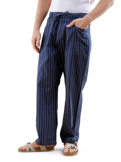 The Indian Garage Co Men Loose Fit Striped Mid-Rise Trousers Navy