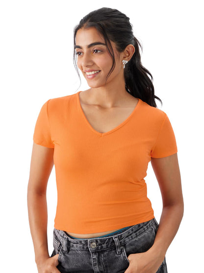 The Souled Store Solids: Blazing Orange Poly Viscose Women & Girls Slim Fit Short Sleeve V-Neck Ribbed Cropped Tops