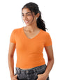 The Souled Store Solids: Blazing Orange Poly Viscose Women & Girls Slim Fit Short Sleeve V-Neck Ribbed Cropped Tops