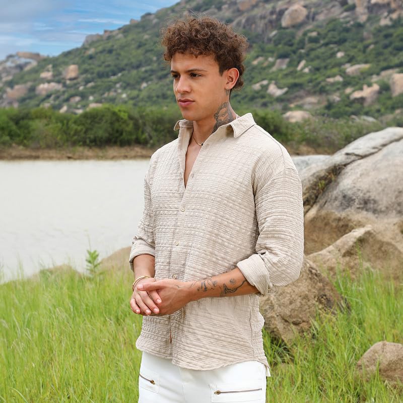 Campus Sutra Mens Saltbox Beige Dimentional-Textured Shirt | Casual Wear | Spread Collar | Long Sleeve | Button Closure | Shirt