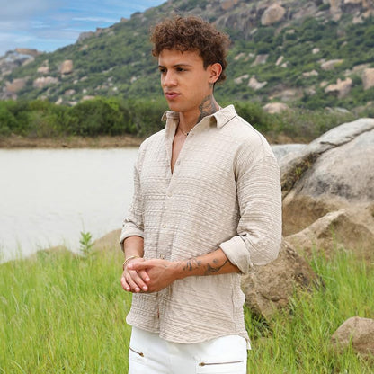 Campus Sutra Mens Saltbox Beige Dimentional-Textured Shirt | Casual Wear | Spread Collar | Long Sleeve | Button Closure | Shirt