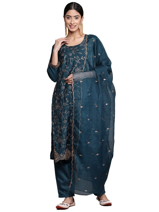 ishin Women's Mint Embellished with Sequins Silk Straight Kurta Suit Set with Trousers