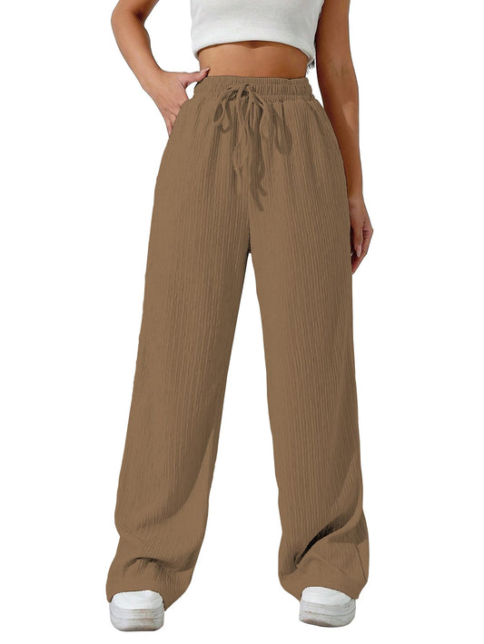 Sugathari Womens Brown Loose Wide-Leg Pants with Textured Wrinkled Fabric and Drawstring Waist Long Trousers (Trouser 157 Brown