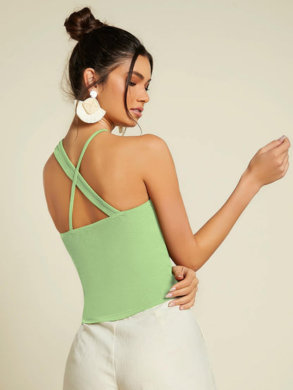 Sugathari Womens Green Criss Cross Front Ribbed Knit Korean Trendy Tank Western Tops for Women Stylish (T-Shirt 183 Pista Green