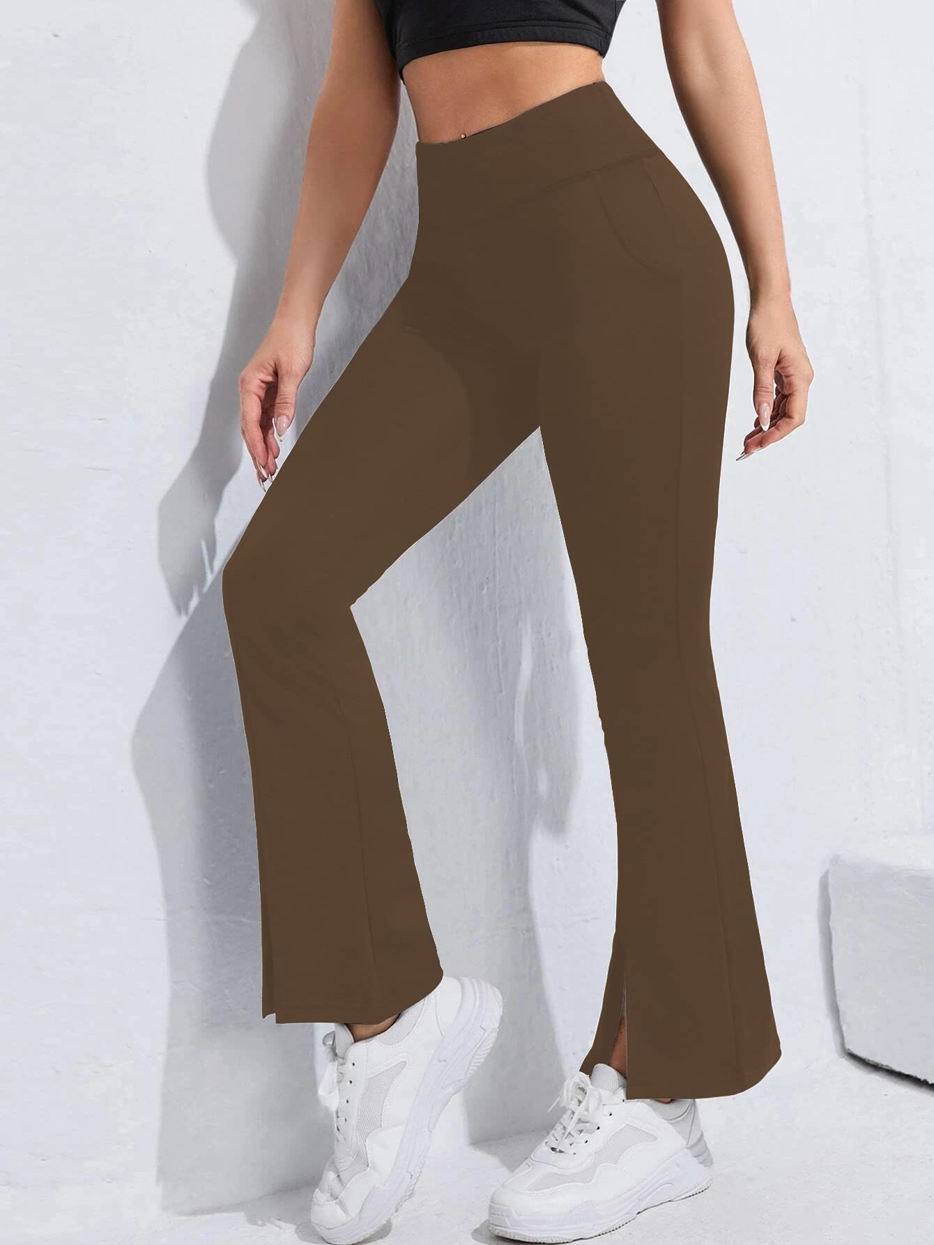 Shasmi Brown Womens Yoga Dress Pants Stretchy Work Slacks Business Casual Sport Office Bootcut Leg Elastic Waist Regular Fit Pl
