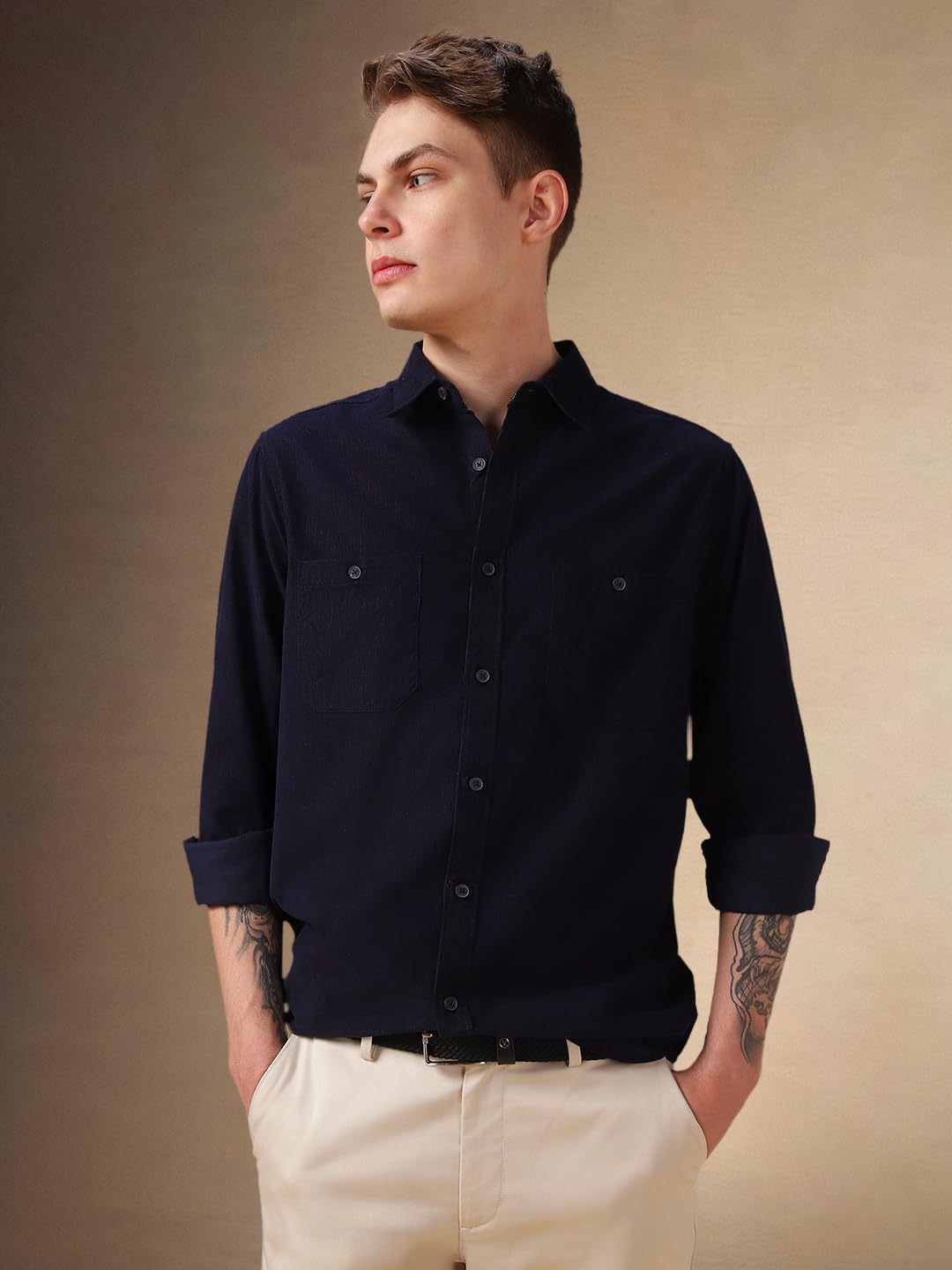 Dennis Lingo Men Blue Solid Cotton Relaxed Fit Full Sleeve Shirts