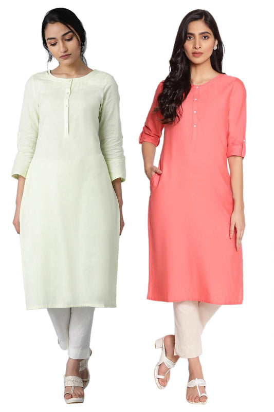 W for Woman Yellow and Peach Solid Thread Work Straight Cotton Flax Kurta Combo
