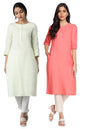 W for Woman Yellow and Peach Solid Thread Work Straight Cotton Flax Kurta Combo