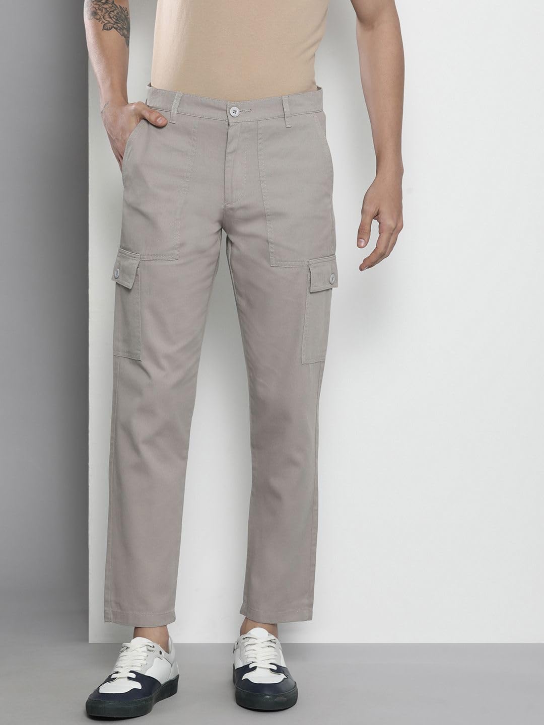 The Indian Garage Co Men Slim Fit Solid Mid-Rise Cargos Cloud Grey