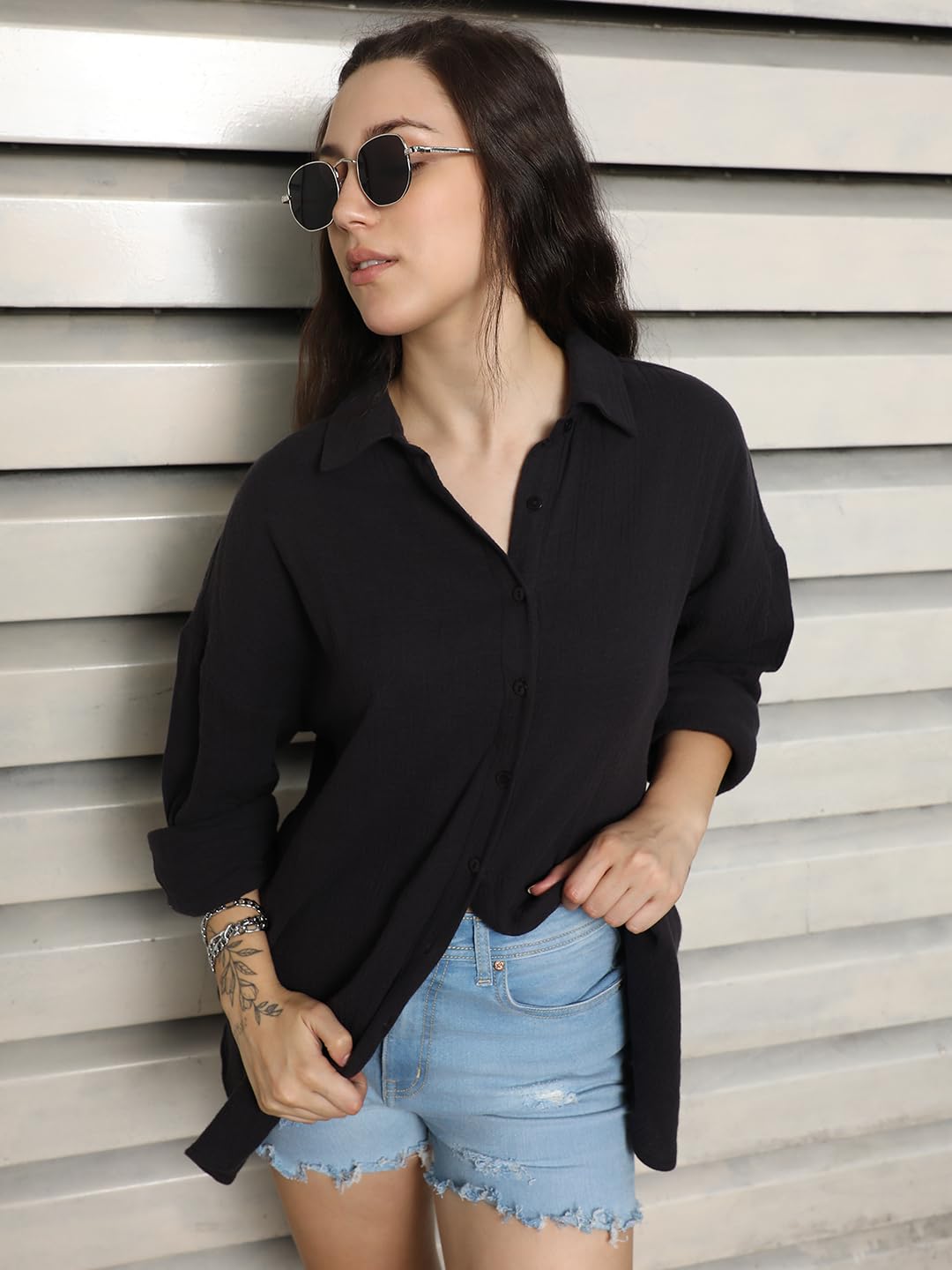 High Star WomenS Oversized Fit Shirt (Hswshs2422_Jun_Black