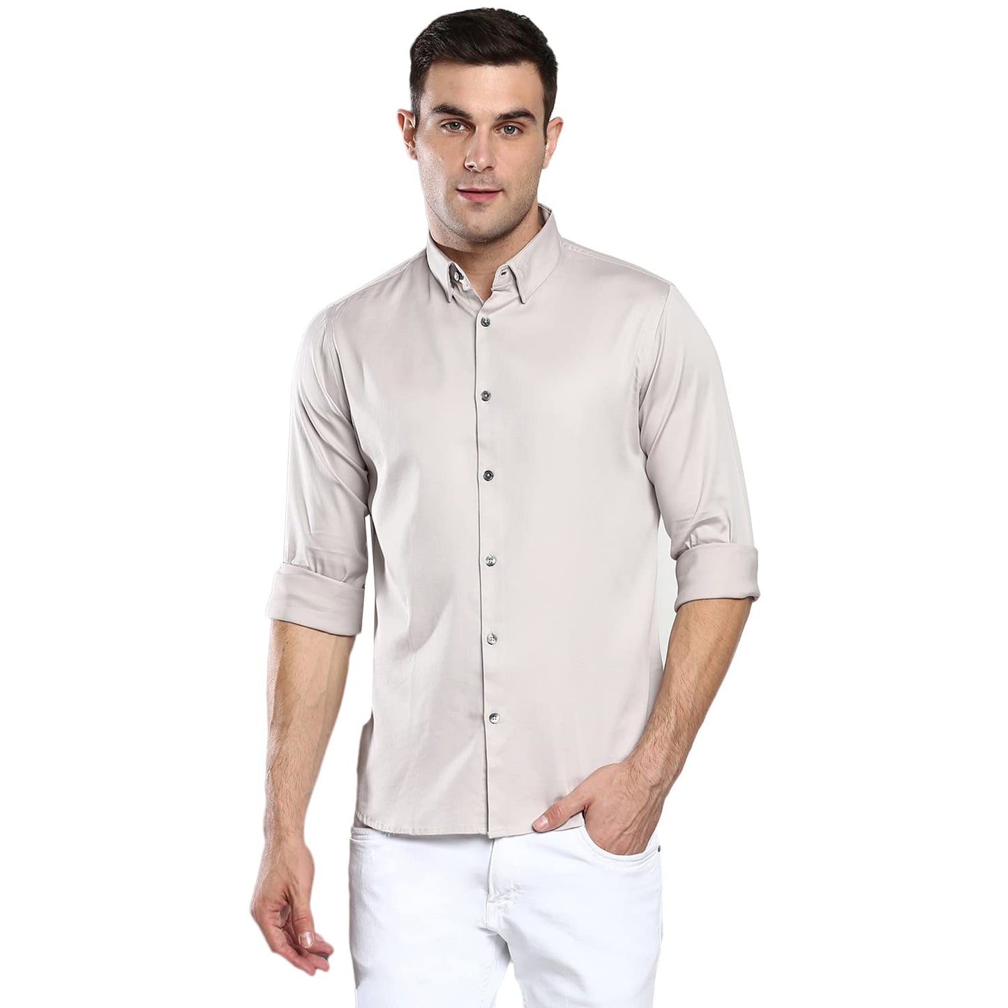 Dennis Lingo MenS Solid Grey Slim Fit Satin Lycra Casual Shirt With Concealed Button Down & Full Sleeves